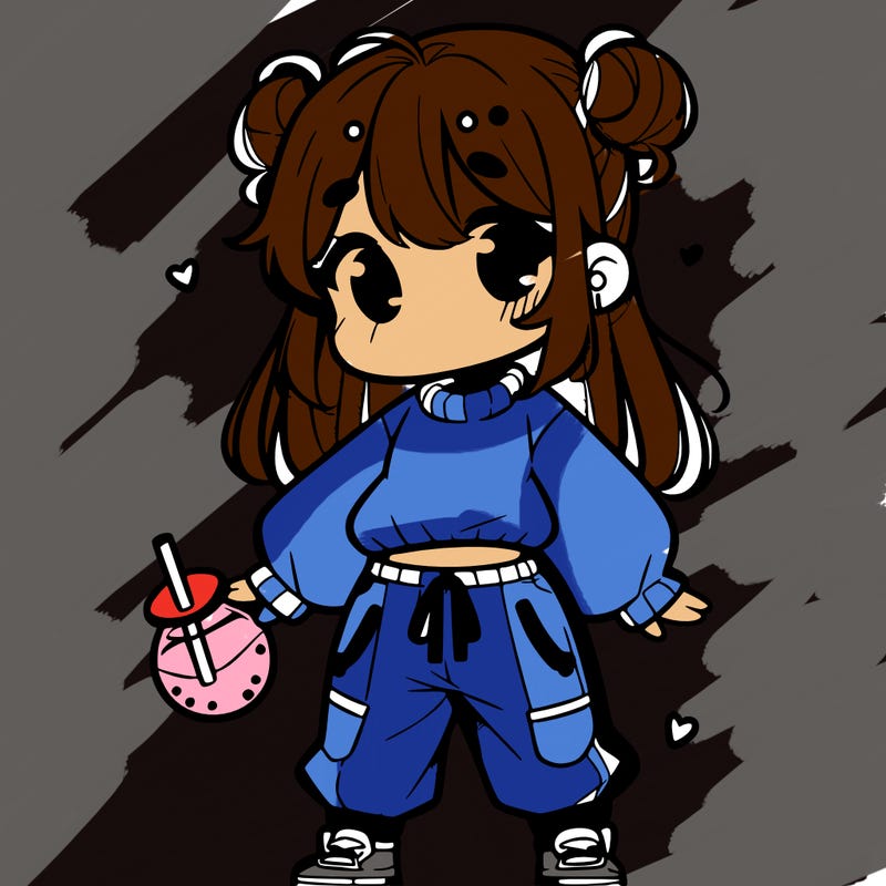 cute manga girl in a sweater and baggy pants with boba