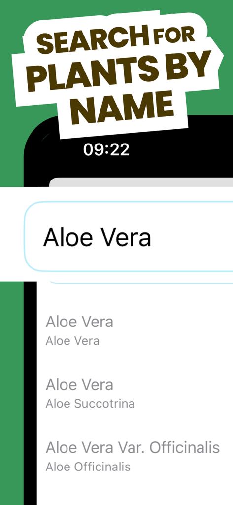 Free Plant Identifier - 植物の名前で検索するモバイルアプリのインターフェース。アロエベラを例として表示。