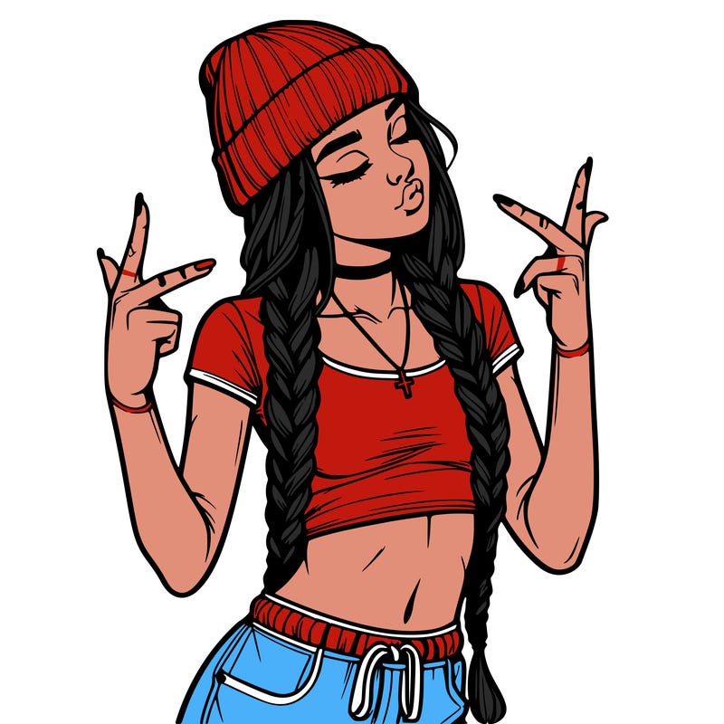 realistic teenage girl with braids and a beanie and crop top doing 🫶🏼