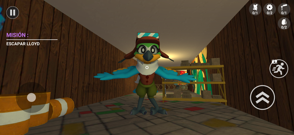 Monster Park Horror Games - Um monstro azul parecido com um pássaro chamado Lloyd em um corredor de madeira do jogo mobile Monster Park Horror Games
