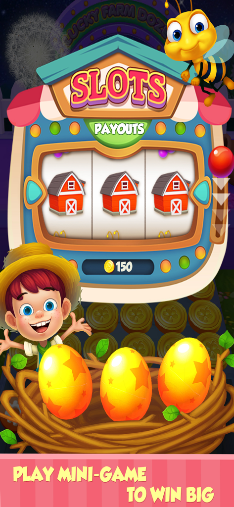 Interface du mini-jeu de machine à sous dans Coin Mania montrant trois granges et des œufs d'or dans un nid