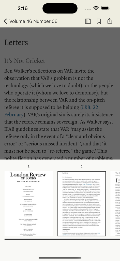 Reading interface of the London Review of Books app showing an article and page navigation thumbnails.
