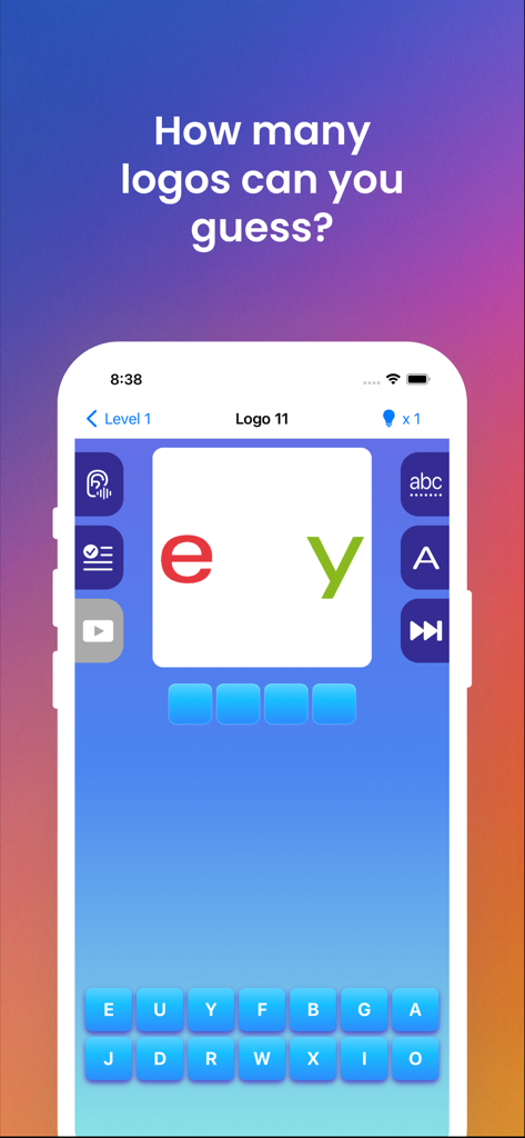 Logo Quiz - Guess This Brand! - Gameplay screen of Logo Quiz showing a brand logo to identify with letter tiles