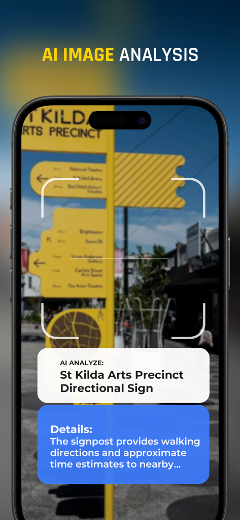 Smartphone-Bildschirm mit der KI-Bildanalysefunktion, die einen Straßenschilderpfosten mit Richtungsdetails identifiziert.