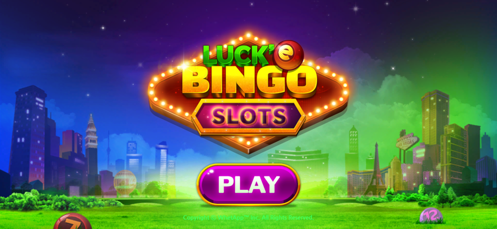 Luck'e Bingo : Video Bingo - Lucke Bingo Slots game title screen featuring a glowing neon sign and a purple play button over a city skyline.