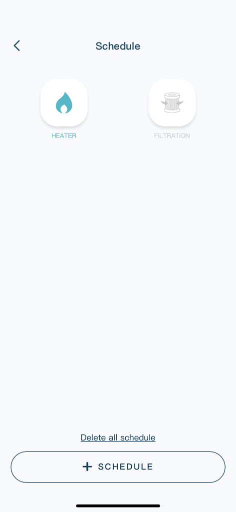 INTEX Link - INTEX Link app screen showing options to schedule spa heater and filtration tasks