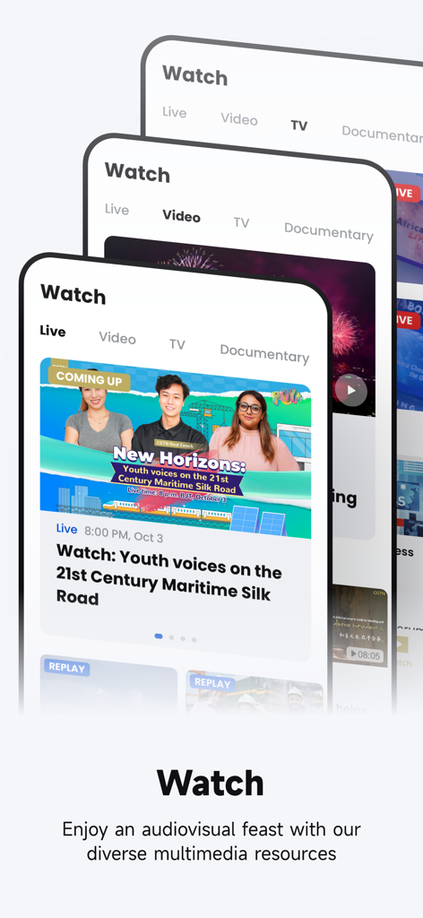 CGTN mobile app interface displaying live news and video categories