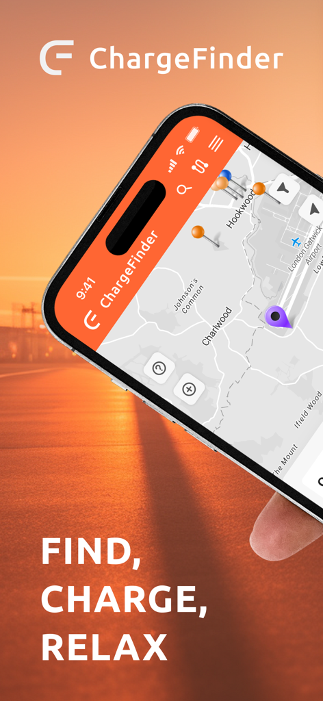 ChargeFinder mobile app showing a map of public electric vehicle charging stations
