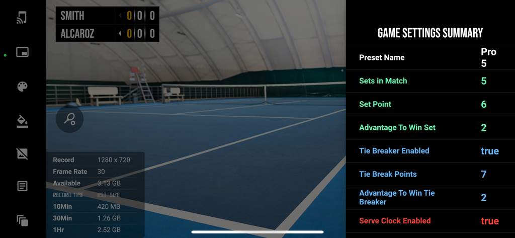 Interface of the BT Tennis Camera app showing a live court view with a scoreboard overlay and a game settings summary panel.
