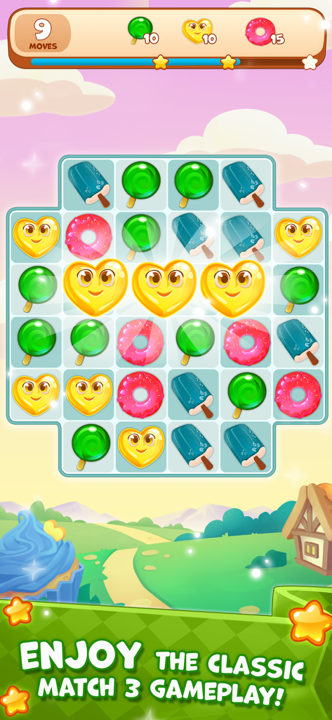 Candy Valley - Match 3 Puzzle - A colorful match 3 puzzle board from Candy Valley featuring hearts, donuts, and lollipops