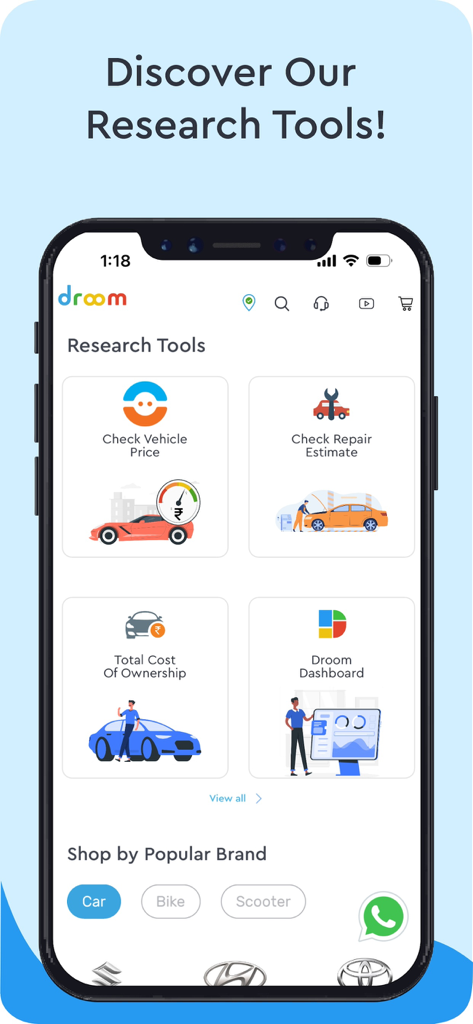 Droom: Buy Used Cars & Bikes - Capture d'écran de l'application mobile Droom affichant des outils de recherche tels que la vérification du prix du véhicule, l'estimation des réparations et le coût total d'acquisition.