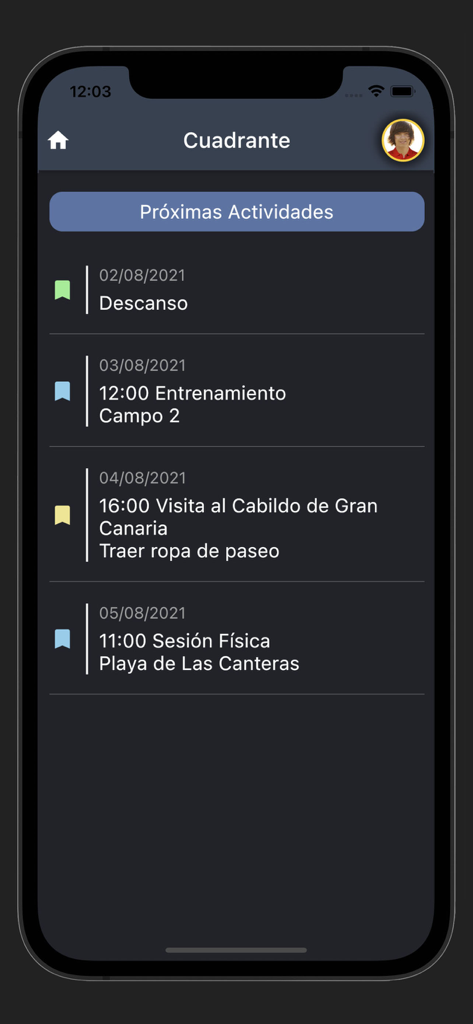 Gesdep Connect - La interfaz de la aplicación Gesdep Connect que muestra una lista de próximas actividades deportivas, sesiones de entrenamiento y días de descanso para un atleta