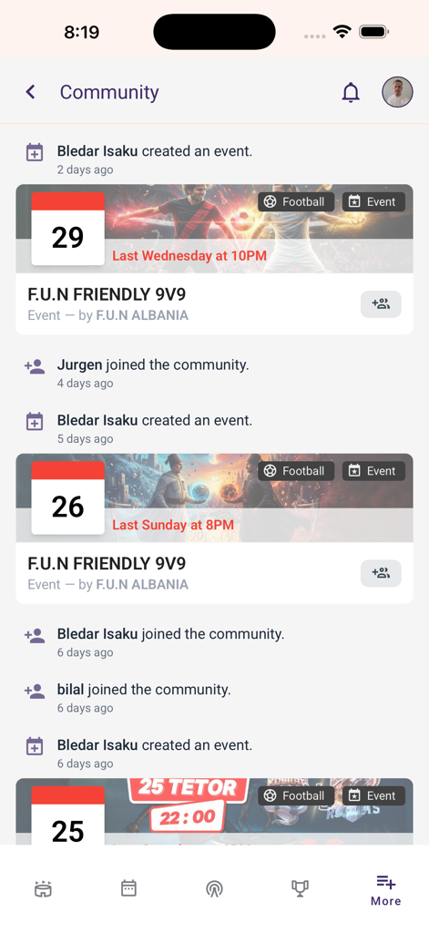 Squadin - Squadin app community feed displaying local sports events and user activity
