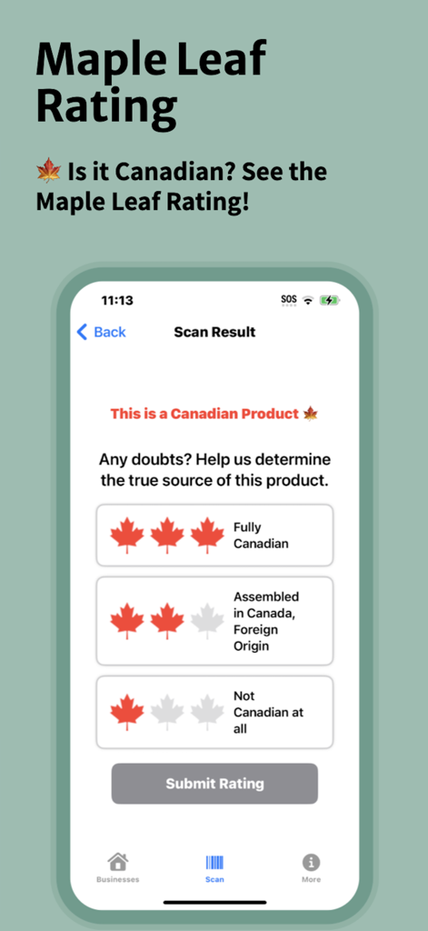Canada Made - Screenshot of the Canada Made app showing the Maple Leaf Rating system used to verify if a product is Canadian made.