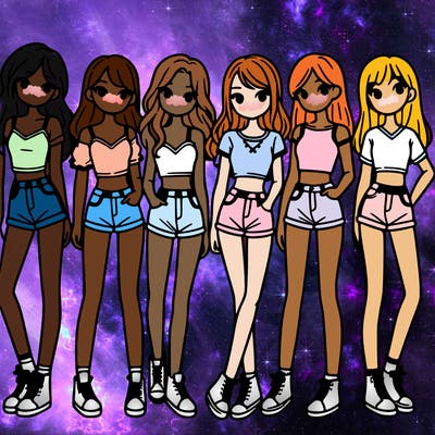 a group of girls wearing crop tops and shorts
