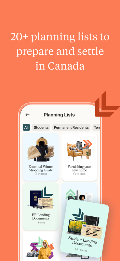 My Beacon - My Beacon app interface showing settlement planning lists for new immigrants in Canada