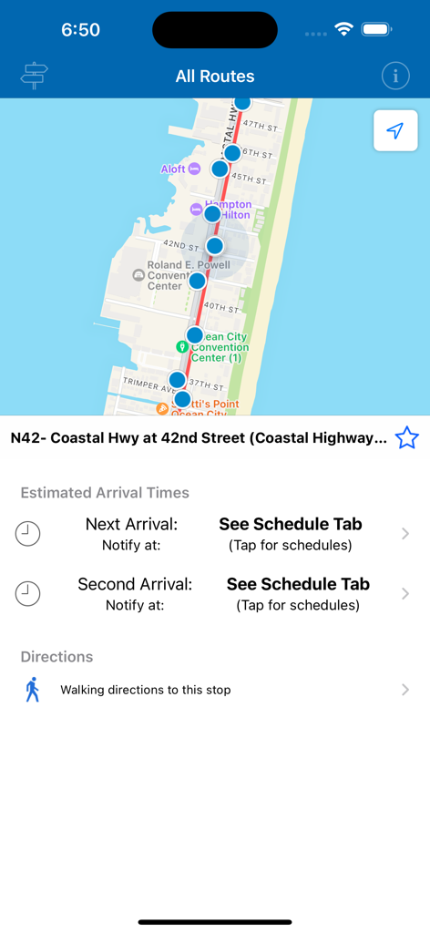 OCMD Beach Bus - OCMD Beach Bus app interface displaying real-time bus locations on a map of Ocean City Maryland