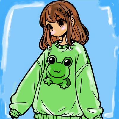 girl wearing frogging sweatshirt