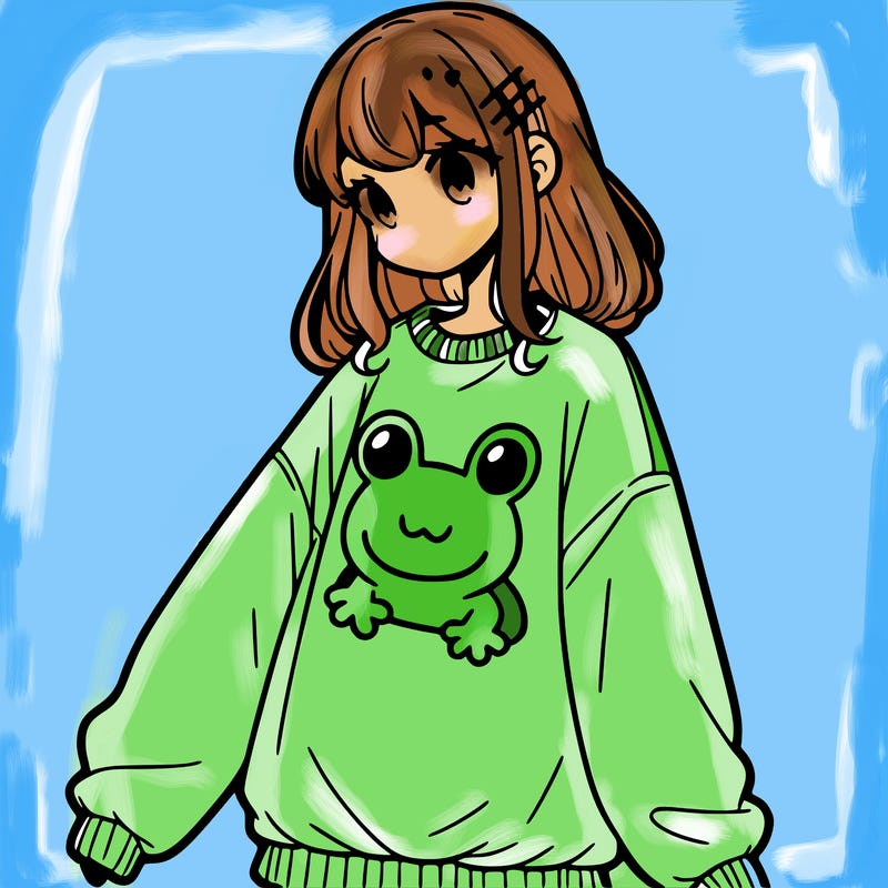 girl wearing frogging sweatshirt