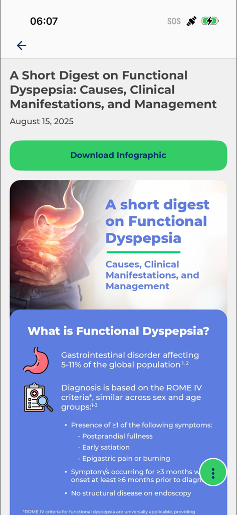 NNI365 - Un'infografica medica sulla dispepsia funzionale, le cause e le manifestazioni cliniche nell'app NNI365