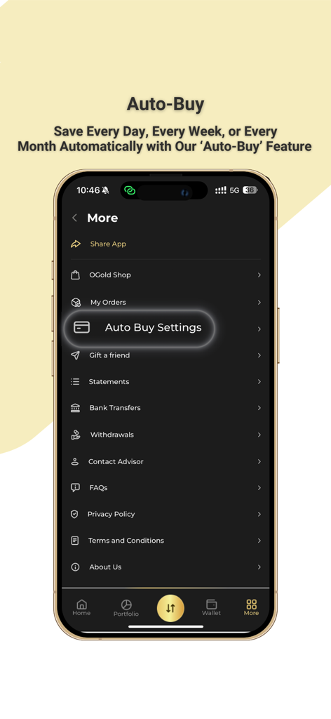 Interfaz de la aplicación OGold Wallet que muestra la configuración de Compra Automática para el ahorro automatizado de oro