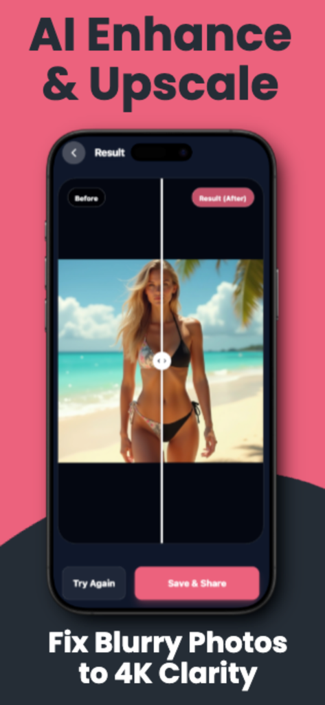 Try Bikini:AI Outfit Changer - Try Bikini app interface showing AI photo enhancement with a before and after comparison for 4K clarity