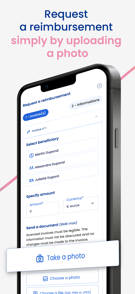 Interface of the Henner plus app showing how to request a health insurance reimbursement by uploading a photo of an invoice