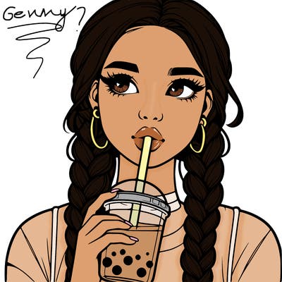 realistic girl with braided hair drinking boba