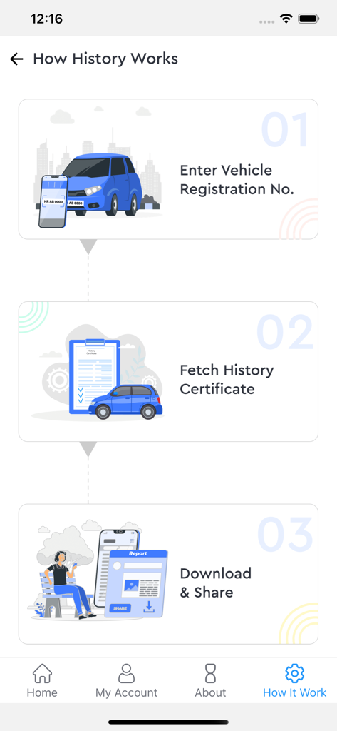 History:Check Vehicle History - 차량 등록 번호를 입력하고, 이력 증명서를 가져오고, 보고서를 공유하는 방법에 대한 단계별 가이드.