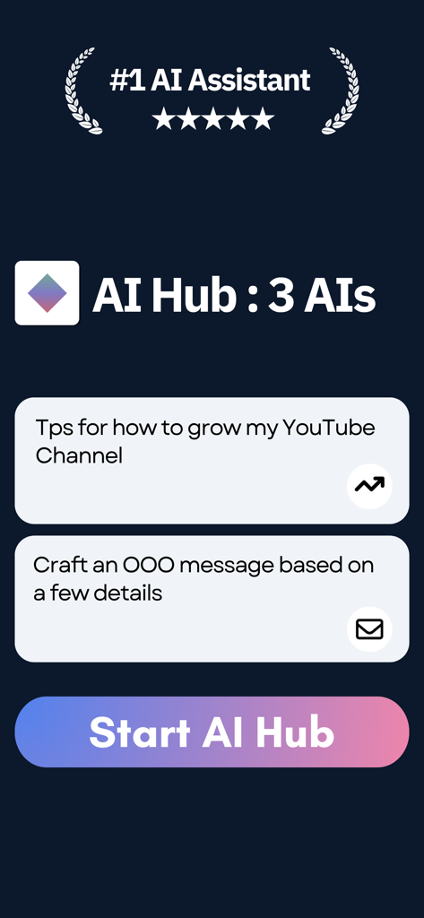 Interface de l'application Hub AI montrant les modèles d'IA en vedette et les invites de chat professionnelles pour des astuces YouTube et la rédaction d'e-mails