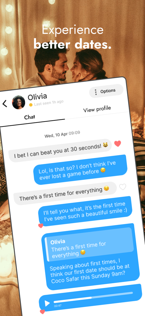 Interface de chat do aplicativo de namoro Boardroom mostrando um casal profissional planejando um primeiro encontro