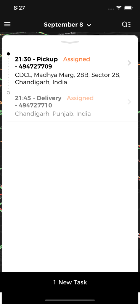 Skedadel Driver app screen showing assigned pickup and delivery tasks with locations and times.