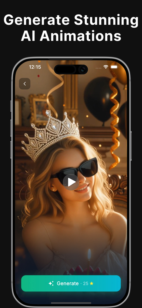 Movi: AI Video Maker + Creator - A smartphone screen showing the Movi AI app generating a birthday animation of a woman wearing a crown and sunglasses.