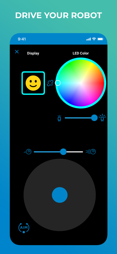 Sphero Edu app interface for driving a robot manually with color picker and joystick control