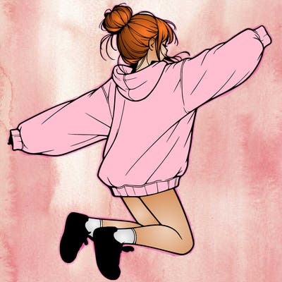 realistic girl jumping with a bun and oversized sweatshirt