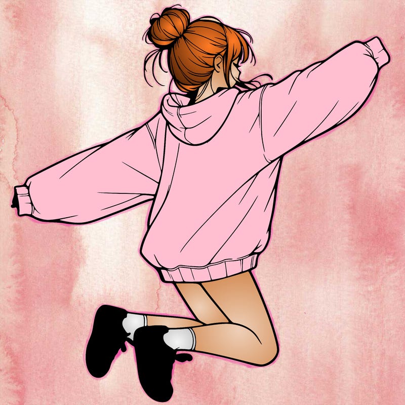 realistic girl jumping with a bun and oversized sweatshirt
