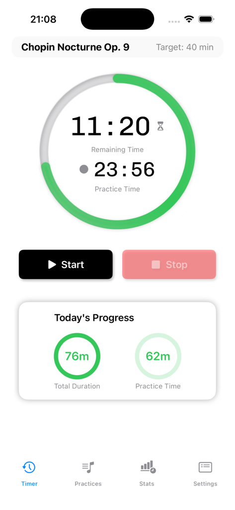 PianoForte: Practice Companion - Interfaz del temporizador de práctica de piano mostrando el tiempo de sesión y los anillos de progreso diario