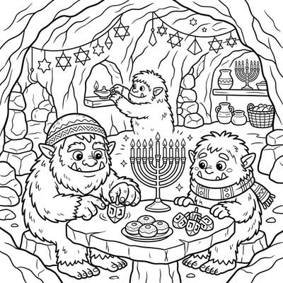 Experience a truly unique Hanukkah celebration with our adorable cave trolls! This coloring page combines festive Jewish traditions with the charm of subterranean creatures for a delightful artistic adventure.