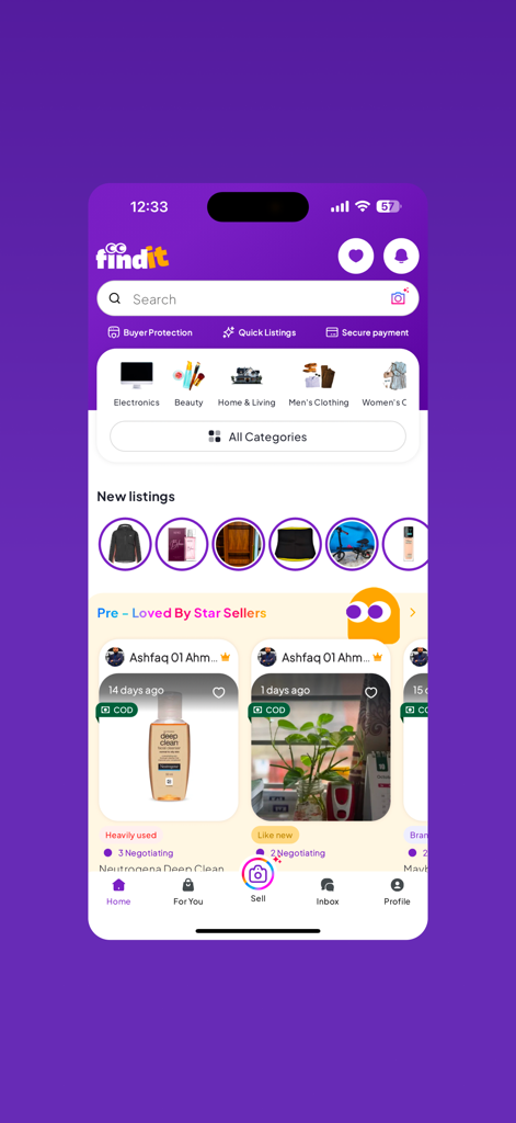 Findit: Deal,Buy & Sell - Finditマーケットプレイスアプリのホーム画面。商品カテゴリとリスティングが表示されています。