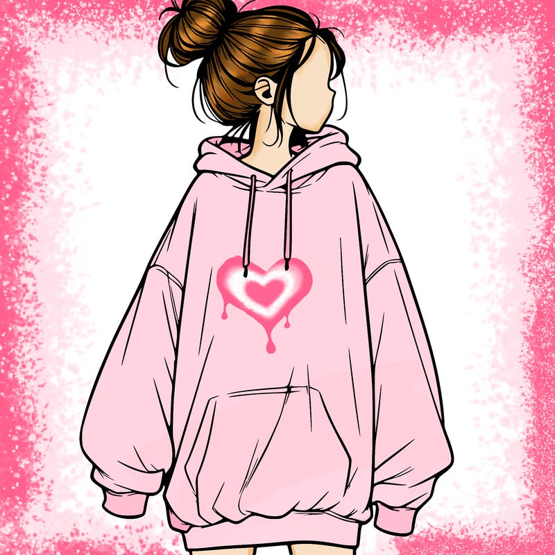 realistic girl with a oversized sweatshirt on and a bun