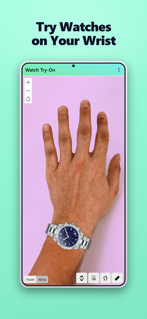 A virtual visualization of a silver chronograph watch with a blue dial on a user's wrist within the Watch Try-On app.