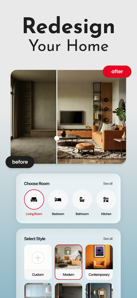 Home AI - AI Interior Design - A side-by-side before and after comparison of an empty room transformed into a modern living room using AI interior design