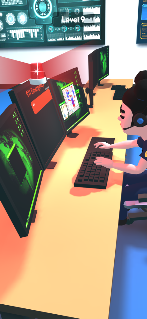 点滅する赤いアラートライトが付いた911緊急 dispatch ステーションを操作する3Dキャラクター