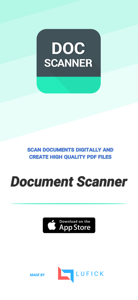 Schermata introduttiva per Scanner Documenti di Lufick che mostra l'icona dell'app e le funzionalità di creazione PDF.