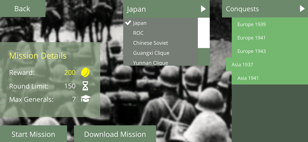 Armchair Commander - Armchair Commander mission selection screen showing mission details and historical conquest options