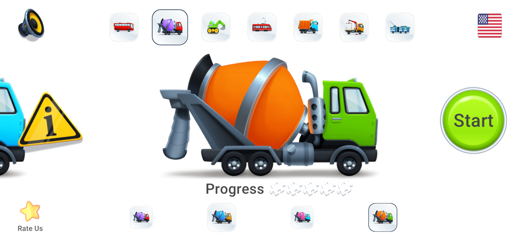 Interfaz del juego Puzzles de Coches que muestra un camión hormigonera verde y naranja y un botón de inicio