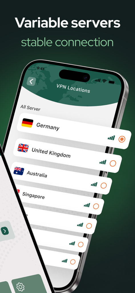 Private VPN - Web Protection - ドイツ、イギリス、オーストラリアなどの国際VPNサーバーの場所のリストを示すスマートフォンインターフェイス。