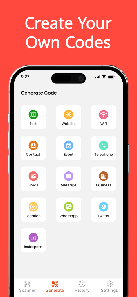 Interface de aplicativo móvel mostrando opções para criar códigos QR personalizados para WiFi, sites e redes sociais
