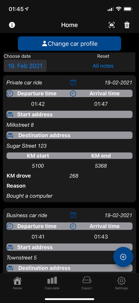 Car Log book App - Home screen of the Car Log book app showing private and business ride entries with addresses and mileage details.