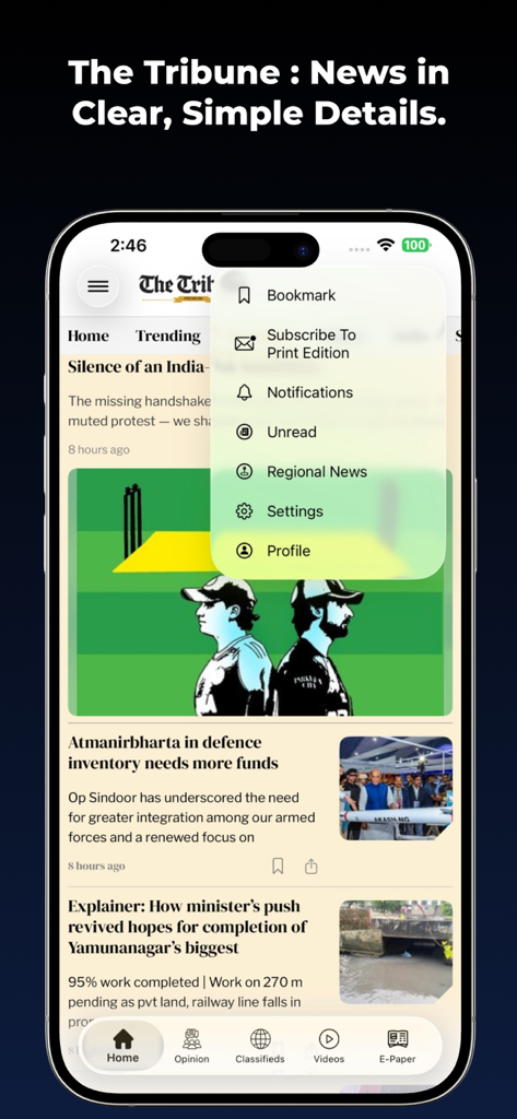 The Tribune - A mobile interface of The Tribune news app showing regional Indian news headlines and a feature navigation menu